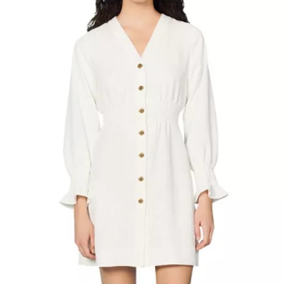 Sandro Lylie Button Front White Dress Cinched Waist - Picture 2 of 5